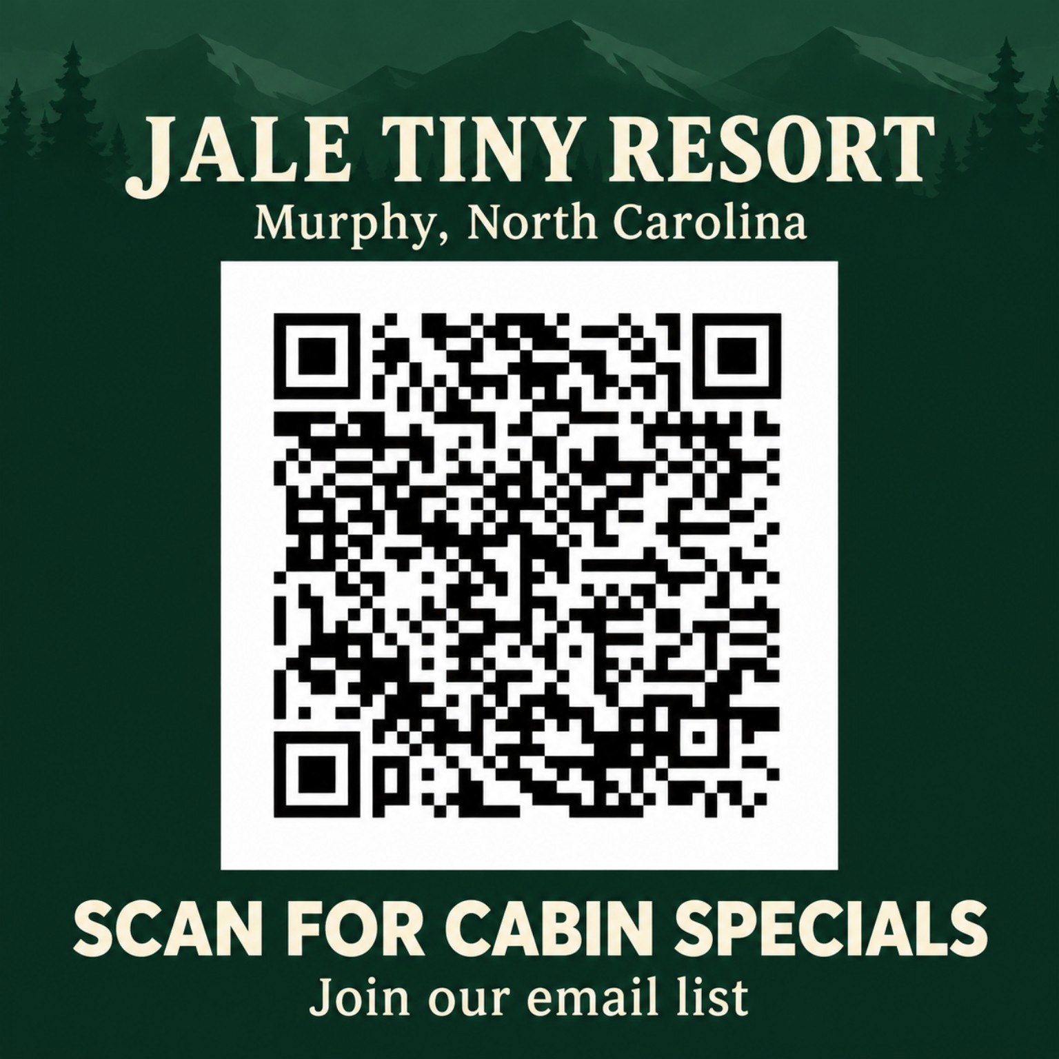 JALE Tiny Resort, Murphy, North Carolina. Scan for cabin specials and join our email list.